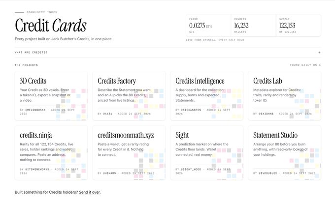 A 'Credit Cards' community index webpage showing 0.0275 ETH floor price, 16,232 holders, and 122,153 supply, listing projects like 3D Credits, Credits Factory, Credits Intelligence, Credits Lab, credits.ninja, creditsmoonmath.xyz, Sight, and Statement Studio.
