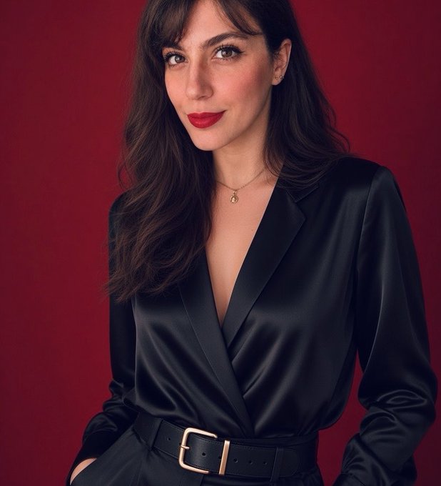 A portrait of a woman with dark hair and red lipstick wearing a black satin blazer and a gold pendant necklace against a red background.