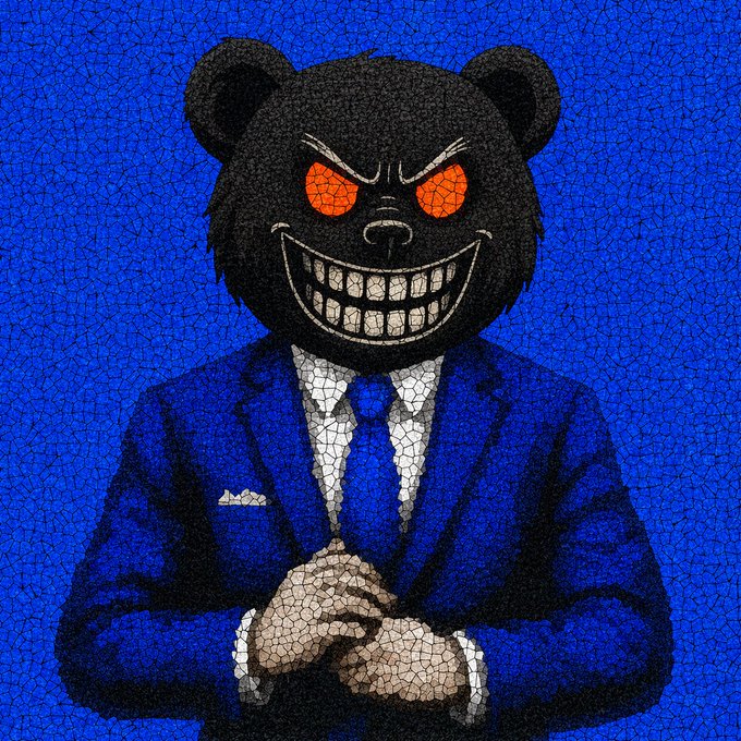 A mosaic-style digital artwork of a black bear-headed figure with glowing red eyes and a wide toothy grin, wearing a blue business suit and tie, set against a blue cracked-pattern background.
