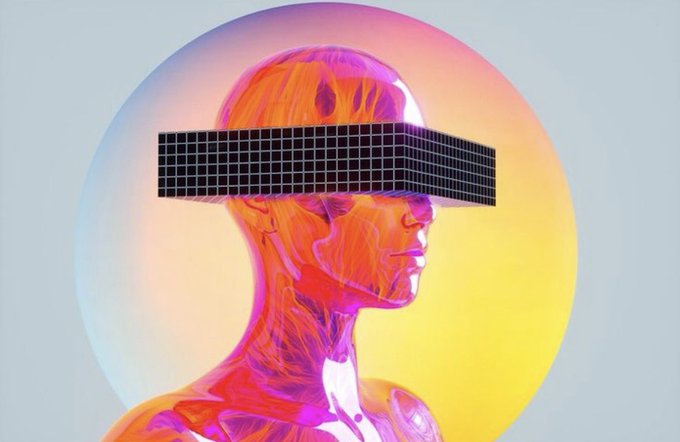 A vibrant digital art piece depicting a metallic humanoid figure with a pixelated black blindfold inside a gradient orange and blue circular background.