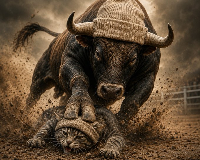 A massive black bull wearing a knit beanie looms aggressively over a defeated tabby cat also sporting a tiny hat, both kicking up dust in a dramatic, smoky arena. The image visually embodies the post's hype about "$Bullwifhat" replacing the cat-themed meme coin era with the new "Black Bull Wif Hat" narrative.