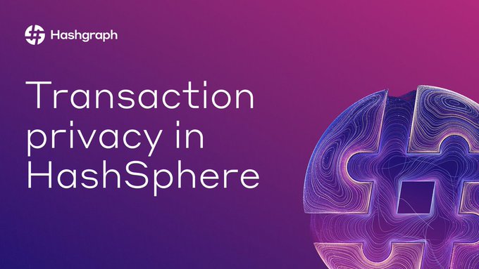 Hashgraph promotional graphic titled 'Transaction privacy in HashSphere' featuring a purple gradient background and a stylized 3D metallic purple sphere with a cutout design on the right side.
