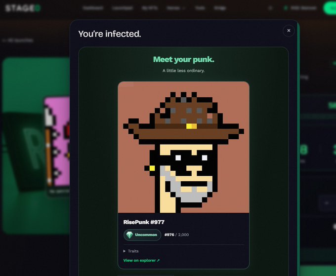 A pop-up on a website saying 'You're infected. Meet your punk. A little less ordinary,' revealing 'RisePunk #977' pixel art with a hat and beard.