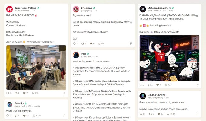 The image displays a collage of several Twitter/X posts related to "Big Week" in the Solana ecosystem, featuring accounts like Superteam Poland announcing their "BIG WEEK FOR KRAKÓW" with Co-work Kraków, Blockchain Hack Kraków, and a Sup3rteam event, along with posts from Engaging, Meteora Ecosystem highlighting $ME with a meme image of cartoon figures in front of charts, and a thread by inno detailing Sup3rteam's activities including building STOCKLAX, organizing the Solana Summit Canada, and celebrating HackSzn with 70+ builders and 32 projects, while also noting @SuperteamBLKN's HitEvBits ICO goal being oversubscribed within 27 hours, tying into the referenced website that tracks all "big week" posts on Solana.