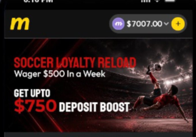 A promotional banner from Minibet advertises a "Soccer Loyalty Reload" offering up to a $750 deposit boost for wagering $500 in a week, displayed alongside a soccer player performing a bicycle kick and a wallet balance showing $7,007.00. This image supports the accompanying post's $250 giveaway promotion by showcasing the betting platform's ongoing rewards and bonuses to attract potential followers and participants.