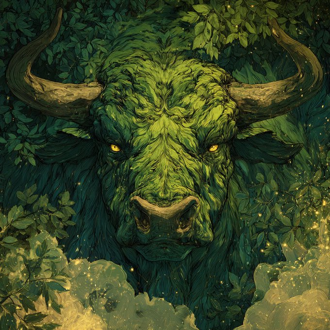 A detailed illustration depicts a green, leafy bull or ox with glowing yellow eyes emerging from foliage in a dark forest setting.