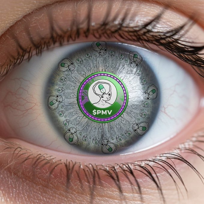 A close-up of a human eye reflects a glowing green and purple emblem featuring an alien-like figure and the ticker "$PMV," symbolizing vision, focus, and enduring vision for the long-term project. The iris imagery reinforces the post's message of relentless execution and unwavering community commitment beyond fleeting hype.