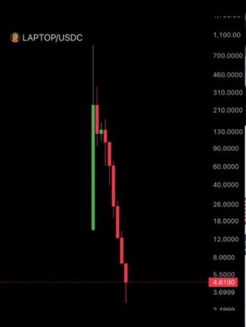 A candlestick chart for the LAPTOP/USDC pair shows a sharp decline from highs above $700 down to $4.6190. The dramatic vertical drop illustrates a massive loss in value, humorously paired with the caption suggesting the meme coin's profits will sustain a lifestyle of "Crack and Hookers" for years to come.