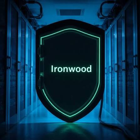 A green illuminated shield with the word 'Ironwood' displayed in a dark server room with blue lighting.