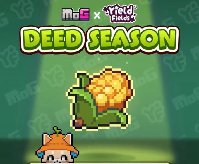 A promotional graphic reads 'MoG x Yield Fields DEED SEASON' featuring a pixel-art snail with a golden shell above a small fox-like figure.