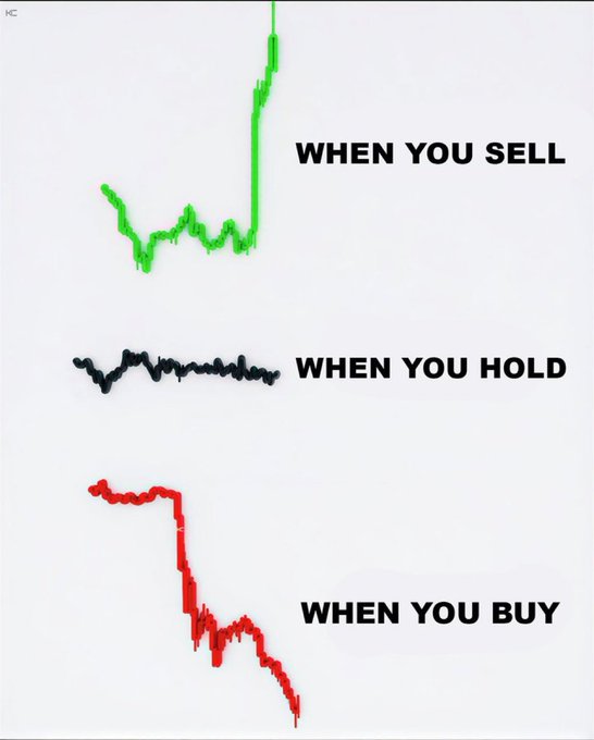 Meme graphic showing three stock charts: a rising green line ('WHEN YOU SELL'), a flat black line ('WHEN YOU HOLD'), and a falling red line ('WHEN YOU BUY').
