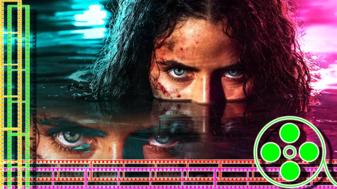 A stylized image featuring a person with curly hair and dirt on their face, partially submerged in water with dramatic blue and pink lighting. The scene is framed by film strip borders, with a green film reel logo overlaid in the bottom right.