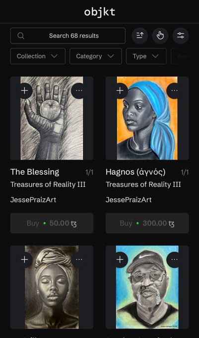 Mobile app screen from 'objkt' NFT marketplace showing search results with artworks titled 'The Blessing' and 'Hagnos' by JessePraizArt from the Treasures of Reality III collection, priced at 50.00 ṫ and 300.00 ṫ.
