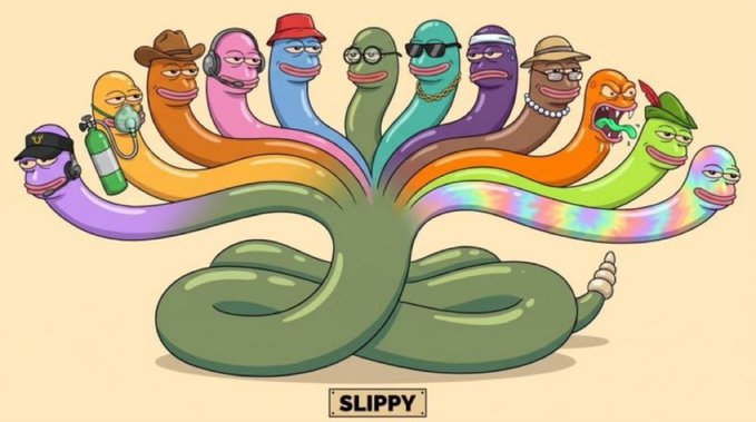 A cartoon by 'SLIPPY' depicts a green snake-like creature with multiple colorful heads, each with distinct facial features and accessories.