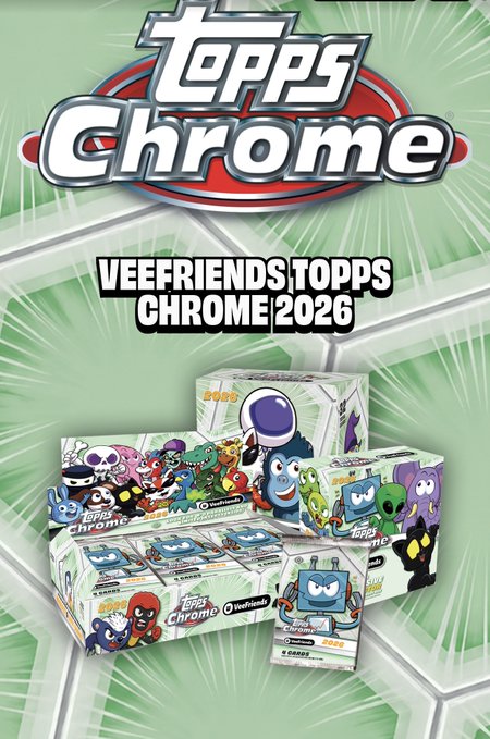 Promotional graphic for 'Topps Chrome Veefriends Topps Chrome 2026' trading cards, displaying various character-themed card boxes.