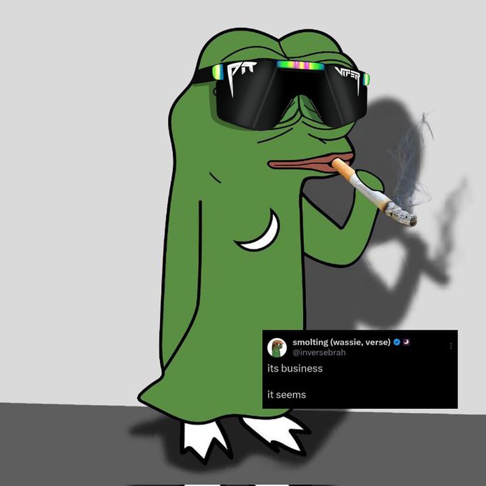 The image features a cartoon frog wearing sunglasses, holding a cigarette, and standing against a gray background. Below the image, there's a black text box containing a message from someone named "@inversebrah". The frog appears to be engaged with this message on social media platforms like Twitter or Instagram.