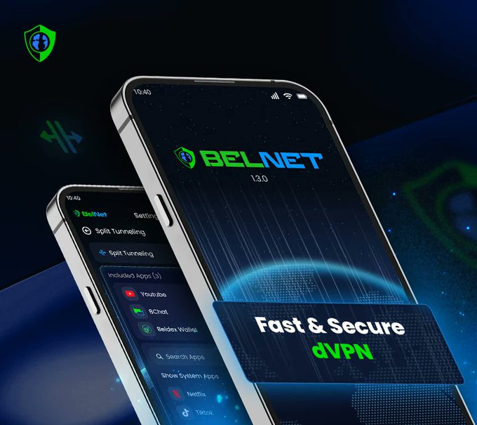 A promotional graphic for BelNet dVPN (version 1.3.0) showcases the app interface on two smartphones, highlighting its "Fast & Secure" features with options for "Split Tunneling" and a list of "Included Apps" including YouTube, BChat, Beldex Wallet, Netflix, and TikTok—visually reinforcing the post's point about BelNet's selective, app-by-app VPN approach rather than an all-or-nothing connection.