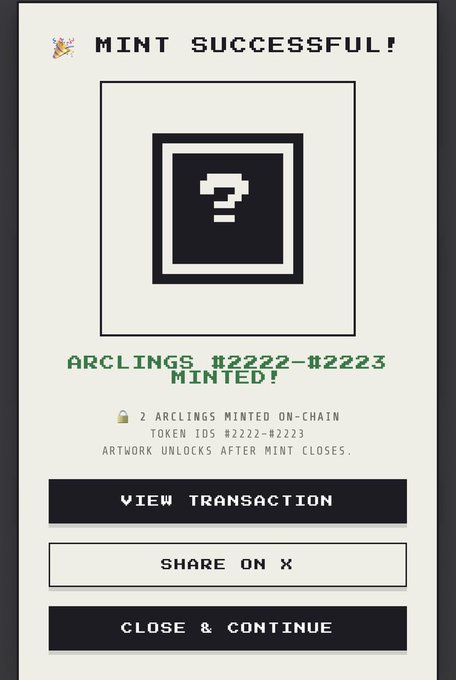 The image shows a "MINT SUCCESSFUL!" confirmation screen from the Arclings NFT collection, indicating that token IDs #22222-#22223 were successfully minted on-chain, with the artwork still locked until the mint closes. This directly corresponds to the post, which shares step-by-step tips for minting Arclings NFTs using Bitget Wallet—presumably demonstrating the result the author achieved after following those instructions, having just minted 4 NFTs.