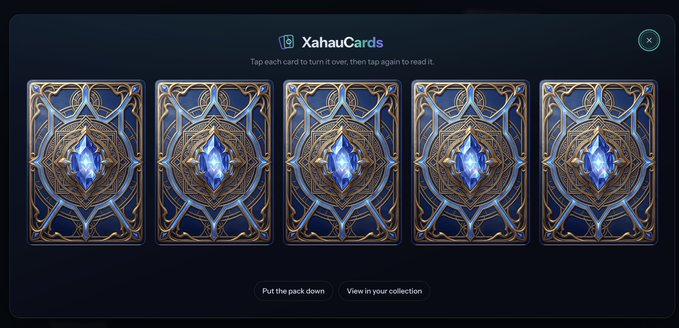 A screenshot of the XahauCards interface displaying a row of five identical decorative card backs with blue gem designs, with instructions to tap each card and buttons for "Put the pack down" and "View in your collection".