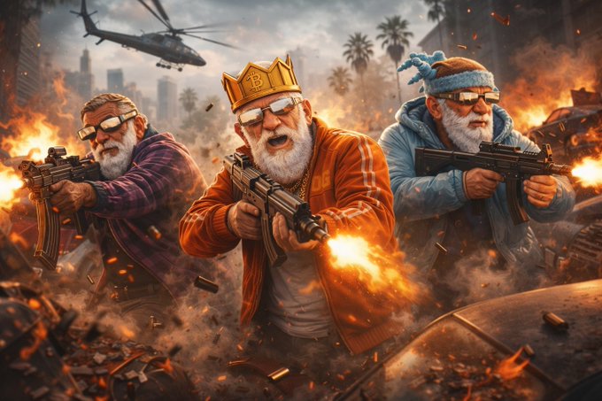 A dramatic, action-packed digital artwork depicting three elderly men with white beards and sunglasses wielding assault rifles amid explosions, fire, and a helicopter in an urban battle scene.