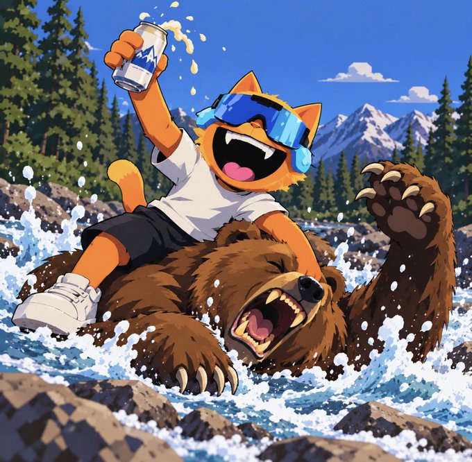 A cartoon illustration of an orange cat wearing blue goggles and a white shirt, joyfully riding a roaring brown bear through rushing water, holding up a can of beverage.