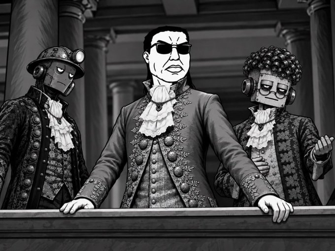 Three stylized figures in ornate 18th-century attire stand at a railing, with the central man in sunglasses flanked by two robotic-looking figures, rendered in a black-and-white graphic novel aesthetic that has no direct connection to the cryptocurrency trading and market analysis discussion in the post.