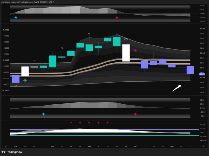 A TradingView chart of $WGMI (the Solactive Web 3.0/Neocloud index) from April through August 2026, displayed on a weekly timeframe, shows price recently declining toward the ~$40 support level at the bottom of its range after a sharp drop from highs near $72 in June, with momentum and volatility indicators (WavyAlgo) appearing bearish at the bottom of the screen. The chart visually supports the post's concern about neocloud weakness and the $40 support level.