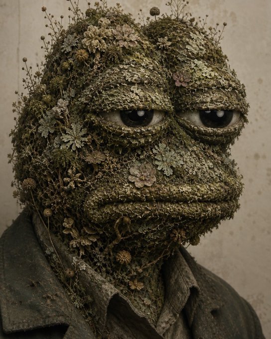 A surreal artistic portrait of a figure whose face and head are covered in moss, lichen, and small plants, with only their eyes visible.