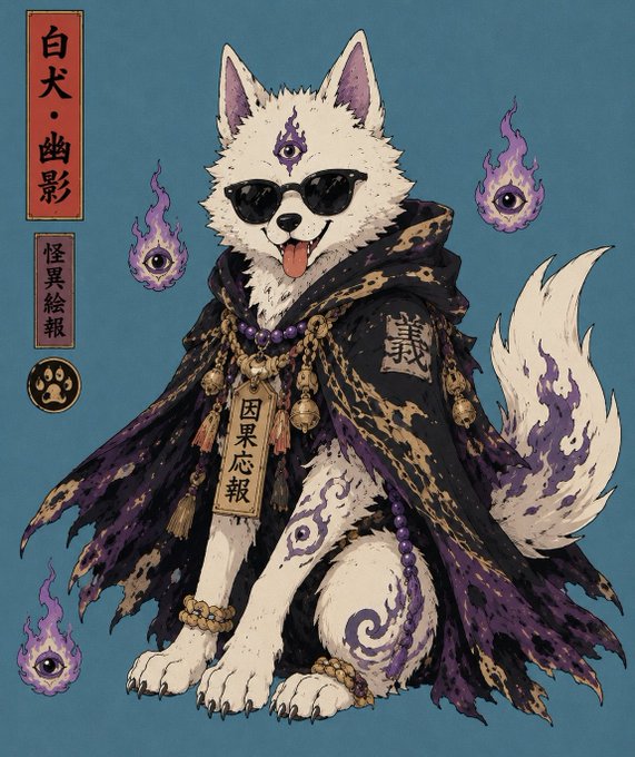 A stylized illustration of a white dog wearing sunglasses and a dark, tattered cloak, surrounded by floating purple flames with eyes. Japanese text is visible, including '白犬・幽影' (White Dog, Phantom Shadow).