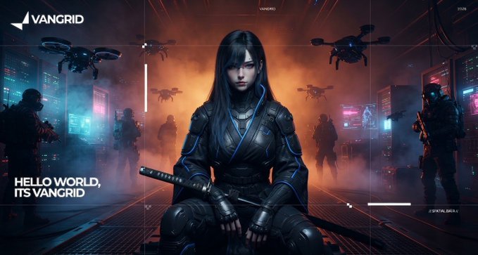 A cyberpunk-style digital illustration featuring a dark-haired woman in black futuristic armor holding a katana, surrounded by drones and armed figures, with the text 'VANGRID' and 'HELLO WORLD, IT'S VANGRID'.