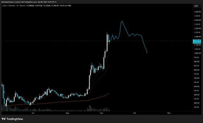 A TradingView daily chart of Zcash (Zcash/USDT on Binance) from July through November 2024, showing a dramatic rally from the $300s to a peak near $1,470 in September before pulling back to around $1,153 — visually illustrating the post's point that crypto can experience explosive, multi-hundred-percent bull runs far beyond typical equity moves.