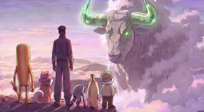 An anime-style illustration depicts a man, a blonde girl, a cat, a dog, a bottle, and a small character standing together, facing a giant spectral bull with glowing green horns emerging from clouds.