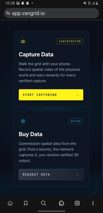 A mobile screenshot of the website 'app.vangrid.io' showing two options: 'Capture Data' (Contributor) and 'Buy Data' (Buyer).