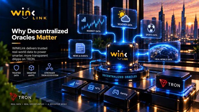 A promotional graphic for WINk LINK on the TRON blockchain, highlighting 'Why Decentralized Oracles Matter' with various data categories like Market Data, Weather Data, and Sports Data.