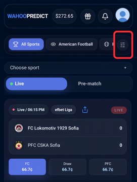 A screenshot of the WahooPredict sports betting app showing a live match between FC Lokomotiv 1929 Sofia and PFC CSKA Sofia in the efbet Liga at 06:15 PM, with a red box highlighting the menu icon in the top right corner.