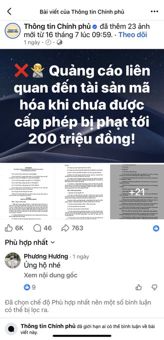 A Facebook post by 'Thông tin Chính phủ' displaying a warning graphic that reads 'Quảng cáo liên quan đến tài sản mã hóa khi chưa được cấp phép bị phạt tới 200 triệu đồng!' showing legal document excerpts with 6K likes and 763 shares.