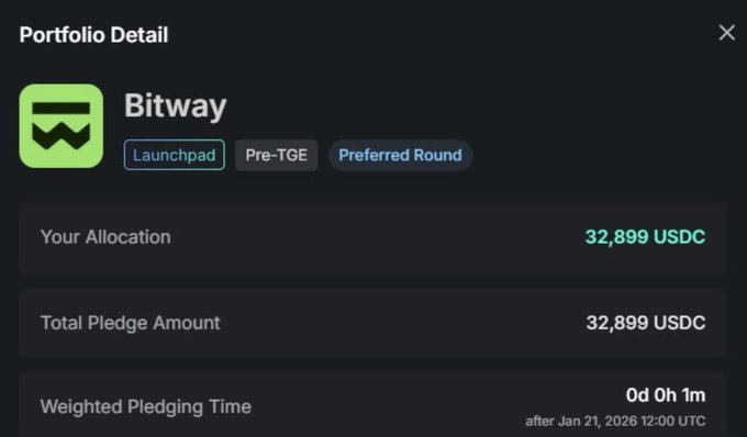 A 'Portfolio Detail' screen for 'Bitway' on a Launchpad Pre-TGE Preferred Round, showing an allocation of 32,899 USDC with a weighted pledging time of '0d 0h 1m' after Jan 21, 2026.