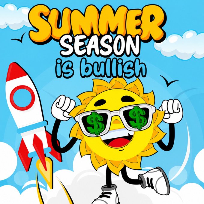 A cheerful cartoon sun wearing "$" sunglasses runs alongside a rocket, with bold text reading "SUMMER SEASON is bullish." The illustration reinforces the post's optimistic message about the $SUMMER token's long-term holding incentives and bullish outlook.