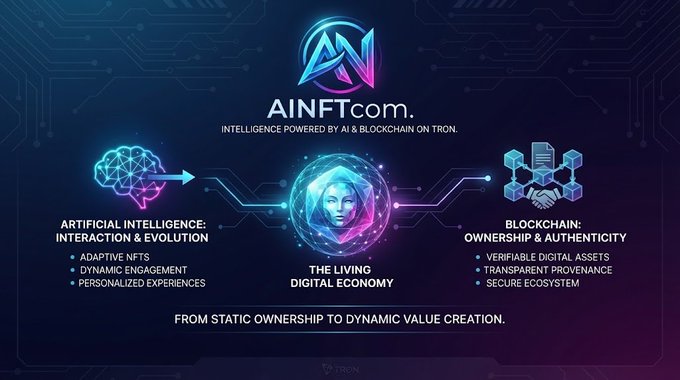 Promotional graphic for 'AINFT.com' describing 'INTELLIGENCE POWERED BY AI & BLOCKCHAIN ON TRON,' highlighting 'ARTIFICIAL INTELLIGENCE: INTERACTION & EVOLUTION' and 'BLOCKCHAIN: OWNERSHIP & AUTHENTICITY' with the tagline 'FROM STATIC OWNERSHIP TO DYNAMIC VALUE CREATION.'