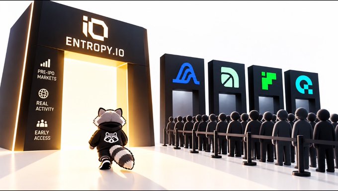 A 3D illustration of a raccoon character walking toward a brightly illuminated 'iO ENTROPY.IO' doorway, with text reading 'PRE-IPO MARKETS', 'REAL ACTIVITY', and 'EARLY ACCESS', while a line of generic figures waits by stanchions next to display screens.