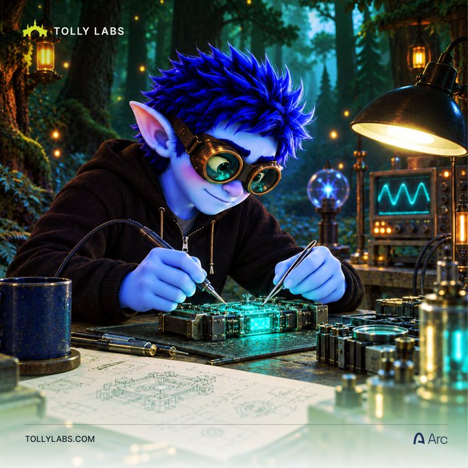 A blue-skinned, elf-like character with spiky hair and goggles meticulously works on a glowing circuit board with precision tools, set in an enchanted forest workshop filled with technical blueprints, a vintage oscilloscope, and floating orbs of light, while watermarks read "TOLLY LABS," "TOLLYLABS.COM," and "Arc." The image metaphorically illustrates the Tolly team's behind-the-scenes engineering and technical craftsmanship, mirroring their update about enhancing app performance, reliability, and execution quality across the platform.