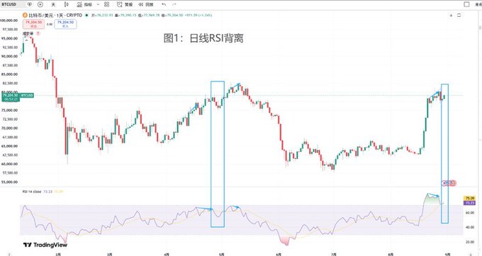 A TradingView chart displaying Bitcoin (BTCUSD) daily price action with a title in Chinese '图1: 日线RSI背离' (Chart 1: Daily RSI Divergence), showing highlighted boxes indicating potential RSI divergence.