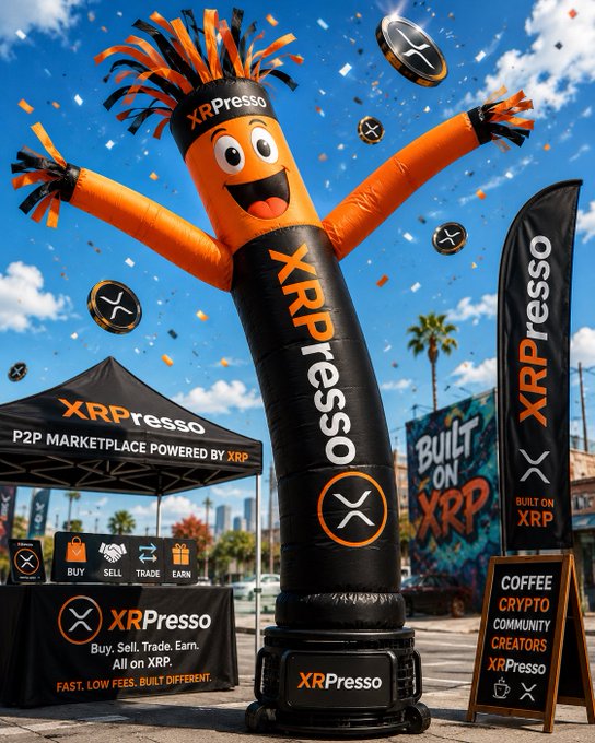 An inflatable tube man mascot promoting 'XRPresso', a P2P marketplace powered by XRP, at an outdoor event with branded tents and signs reading 'Buy, Sell, Trade, Earn.'