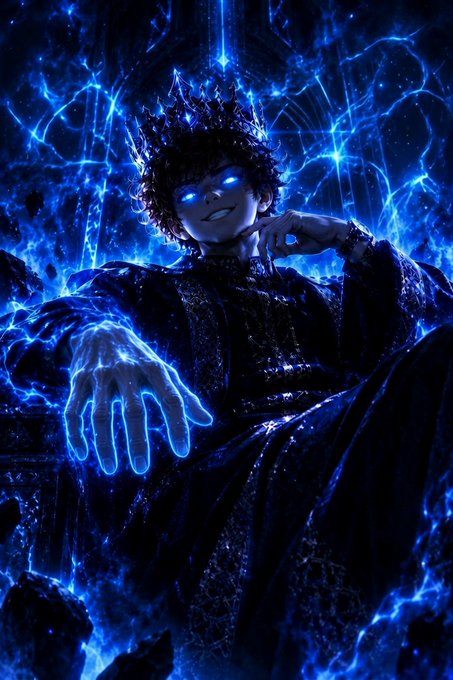 A digital artwork of a blue-glowing crowned figure with glowing eyes, wearing a dark robe, sitting on a throne with a glowing blue hand extended forward.