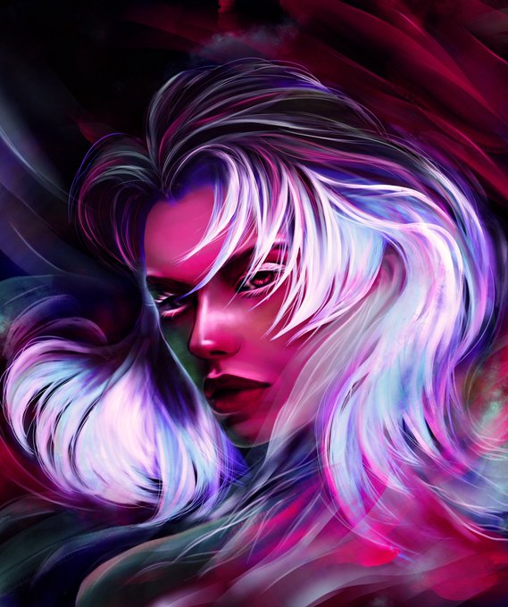 A vibrant digital illustration of a woman's face surrounded by flowing, multicolored hair in shades of pink, purple, blue, and white against a dark, swirling background.