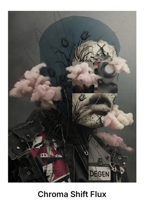 A surreal mixed-media collage artwork titled 'Chroma Shift Flux' featuring a figure obscured by floating pink clouds, with drawn flowers, a white rose, and the word 'DEGEN' on a leather jacket.
