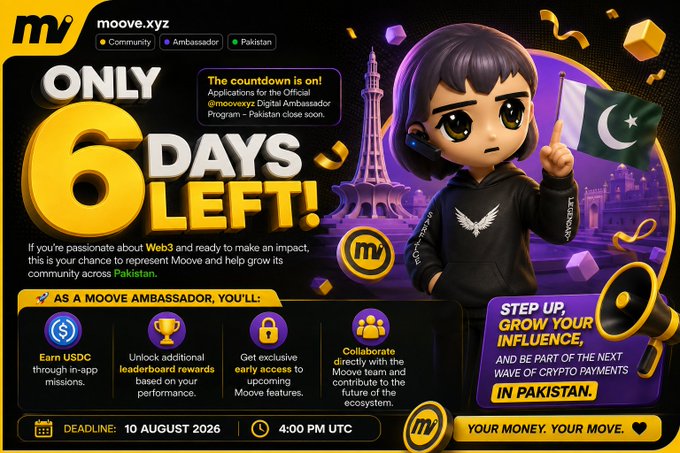 A promotional banner for moove.xyz's Digital Ambassador Program in Pakistan, advertising 'ONLY 6 DAYS LEFT' with a deadline of 10 August 2026, 4:00 PM UTC, featuring an anime-style character and the Pakistani flag.