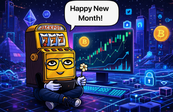The image features a cartoon character, likely a robot or a machine, sitting on a desk with a computer monitor behind them. The character has a flower in its hand. The background of the image shows a city skyline at night, which adds an urban feel to the scene. In the top right corner of the image, there is text that reads "Happy New Month!" and "Focus on what is in the image and how it relates to the post." This suggests that the image might be related to a campaign or promotion for a specific project or event happening in the coming months.