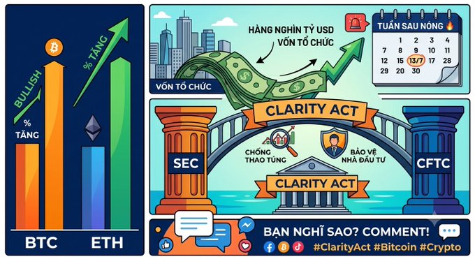 A crypto-themed illustration featuring rising BTC and ETH bar charts with "% TĂNG" (increase), the "CLARITY ACT" with SEC and CFTC pillars, Vietnamese text including "HÀNG NGHÌN TỶ USD VỐN TỔ CHỨC" (thousands of billions USD institutional capital), and hashtags #ClarityAct #Bitcoin #Crypto.