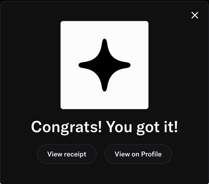 A black pop-up notification screen with a white sparkle icon and the text 'Congrats! You got it!' above buttons to 'View receipt' and 'View on Profile'.